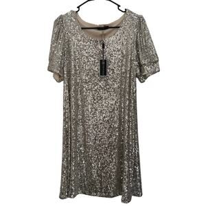 Cable & Gauge Puff Sleeve Sequin Swing Dress Champagne Size L NEW